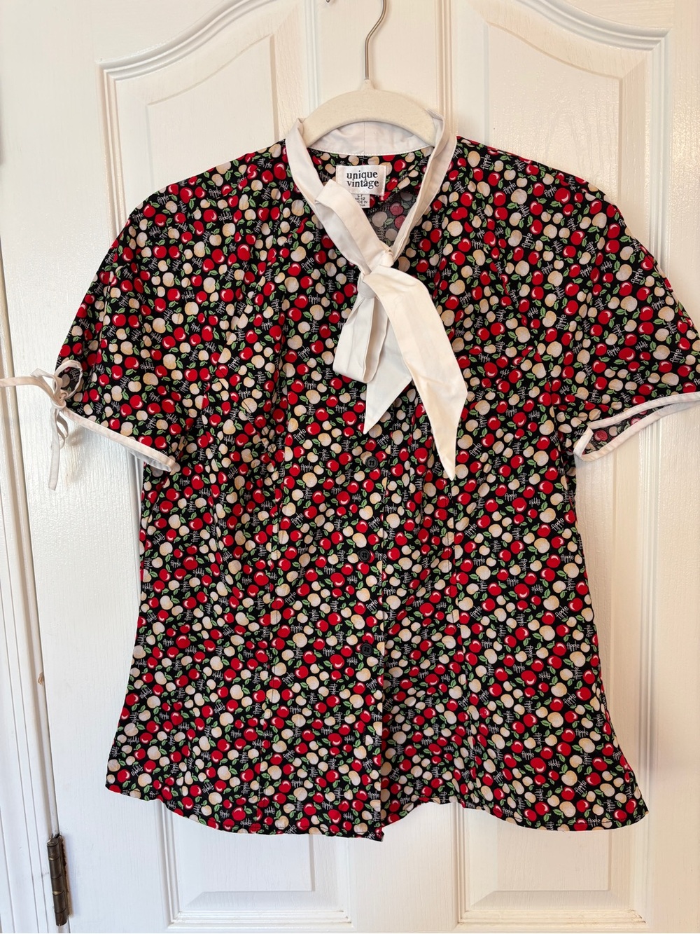 Unique Vintage Black Apple Print Tie-Neck Top with White Bow ~ Women’s 12/14~
